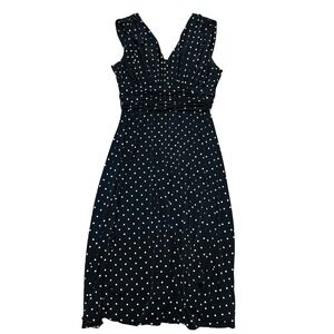 Jessica Howard Size 6 Black White Polka Dot V Neck Ruched Waist Dress